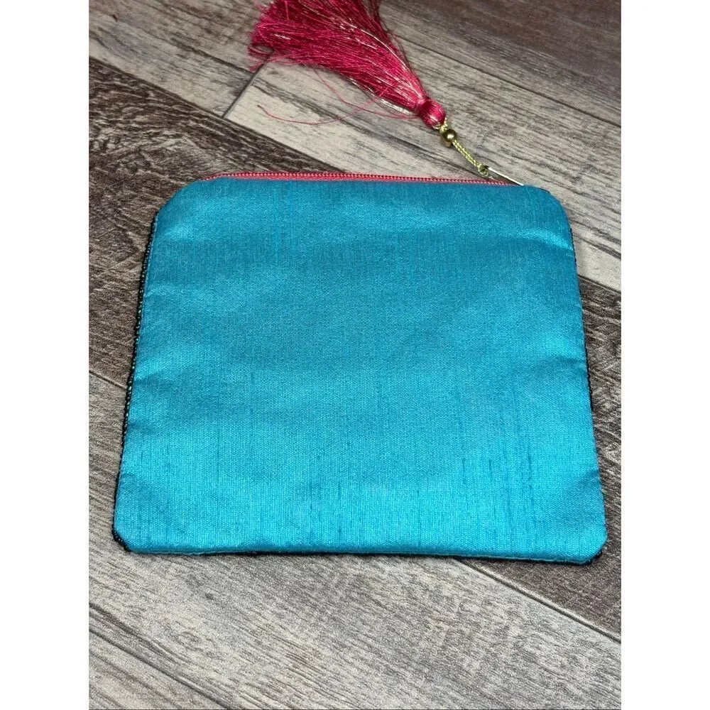 Beaded Pisces Zodiac Coin Purse | Teal & Pink Astrology Pouch with Rhinestone Co
